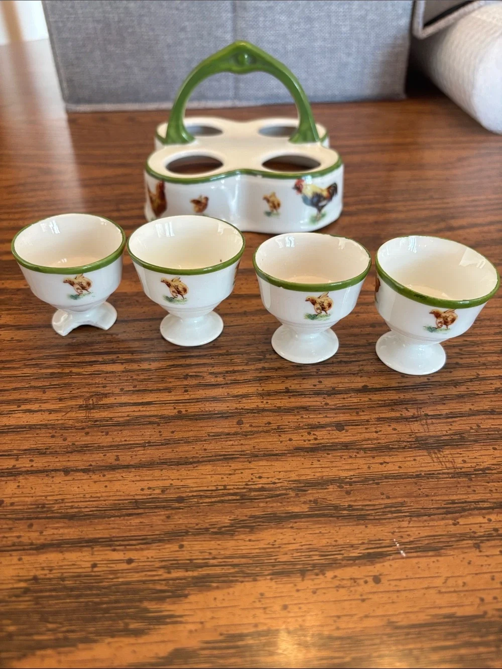 Ceramic Egg Cup Set with Green Trim and Rooster Motif